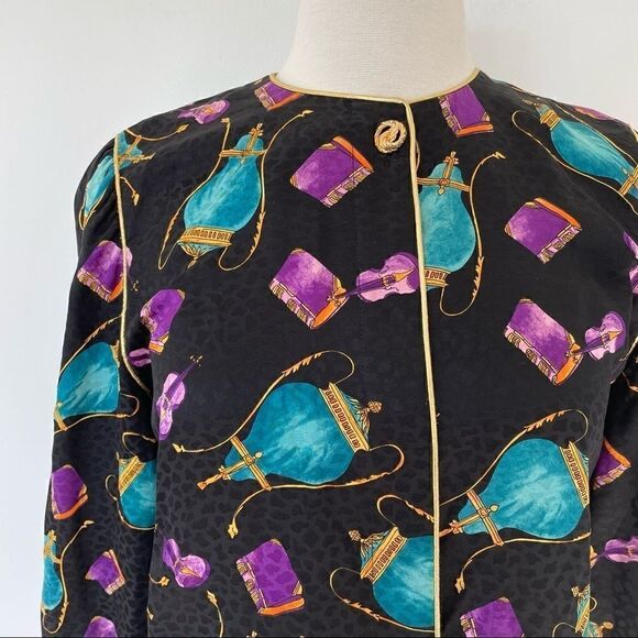 Vintage Ornate Printed Silk Cocktail Blouse Top Long Sleeve Novelty Women Size 2 - Picture 6 of 10